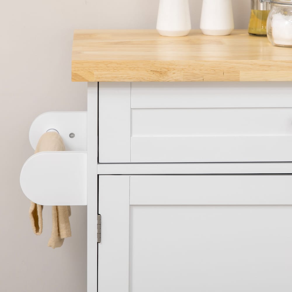 Îlot de cuisine de 43 pouces de largeur avec rangement, tiroir, support à épices, porte-serviettes en blanc