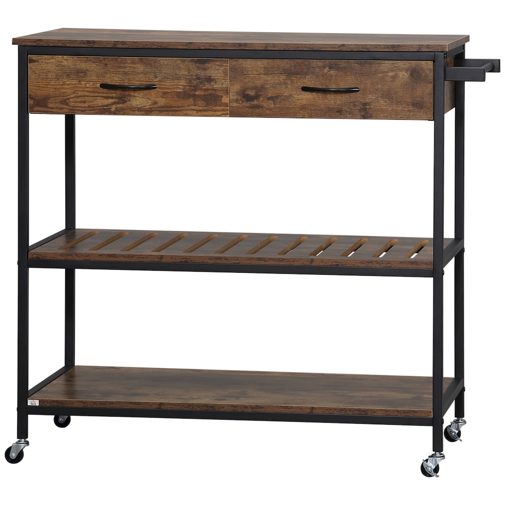 Chariot de cuisine de 39 pouces de largeur avec tiroir de rangement et porte-serviettes pour salle à manger en brun rustique
