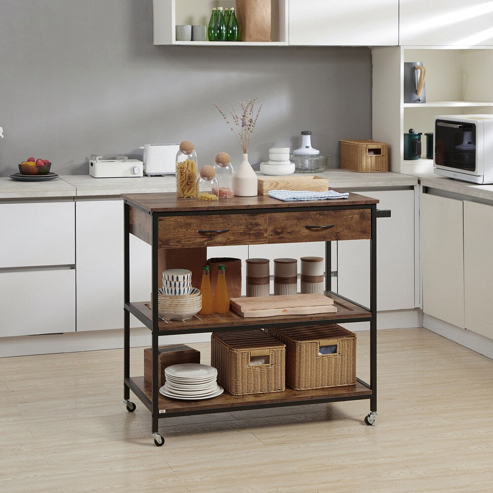 Chariot de cuisine de 39 pouces de largeur avec tiroir de rangement et porte-serviettes pour salle à manger en brun rustique