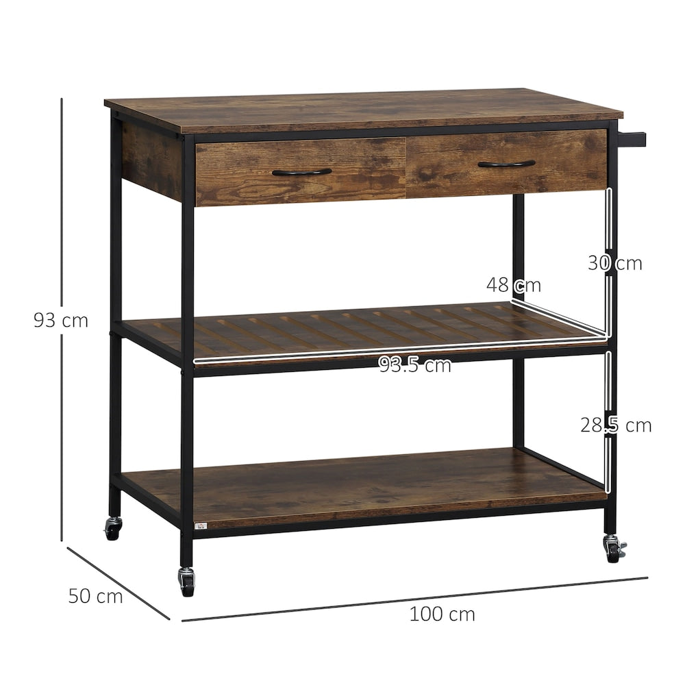 Chariot de cuisine de 39 pouces de largeur avec tiroir de rangement et porte-serviettes pour salle à manger en brun rustique