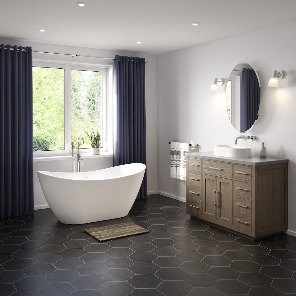 Baignoire autoportante ovale Mahaba de 60 po L x 28 5/8 po l x 26 3/8 po H en acrylique blanc avec drain central et profondeur de trempage de 15 1/8 po