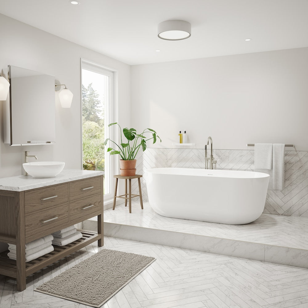 Baignoire autoportante ovale en acrylique Malindi de 66 7/8 po L x 30,25 po l x 23 5/8 po H, 1 pièce, avec drain central, de couleur blanche, avec profondeur de trempage de 15,5 po