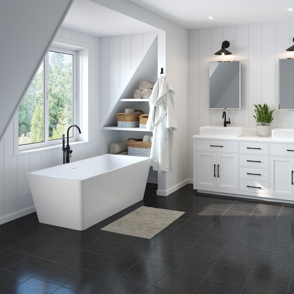 Nakuru 66 7/8 in. L x 31.5 in. W x 22 7/8 in. H 1-Piece Acrylic Freestanding Rectangular Center Drain Bathtub in White with 14.5 in. Soaking Depth