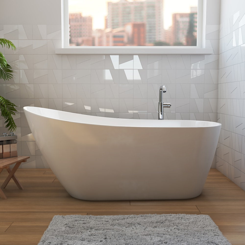 Baignoire autoportante en acrylique Soca de 58 7/8 po L x 28 po l x 26,25 po H, 1 pièce, avec drain d'extrémité ovale/pantalon, blanche, avec profondeur de trempage de 14,25 po