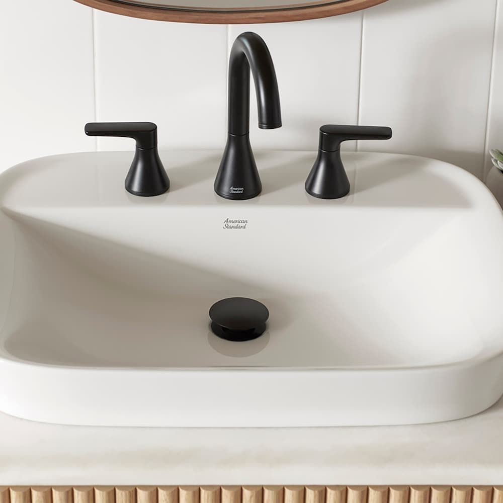 Robinet de salle de bain à 2 poignées et à large bec Aspirations de 8 po avec bonde à poussoir en noir mat