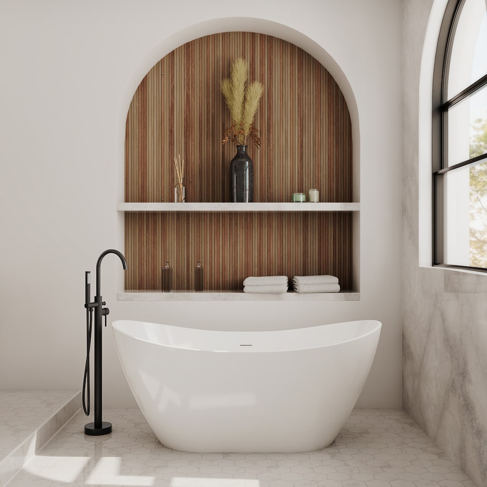 Robinet de baignoire autoportant à poignée unique Linosa avec pomme de douche à main en noir mat