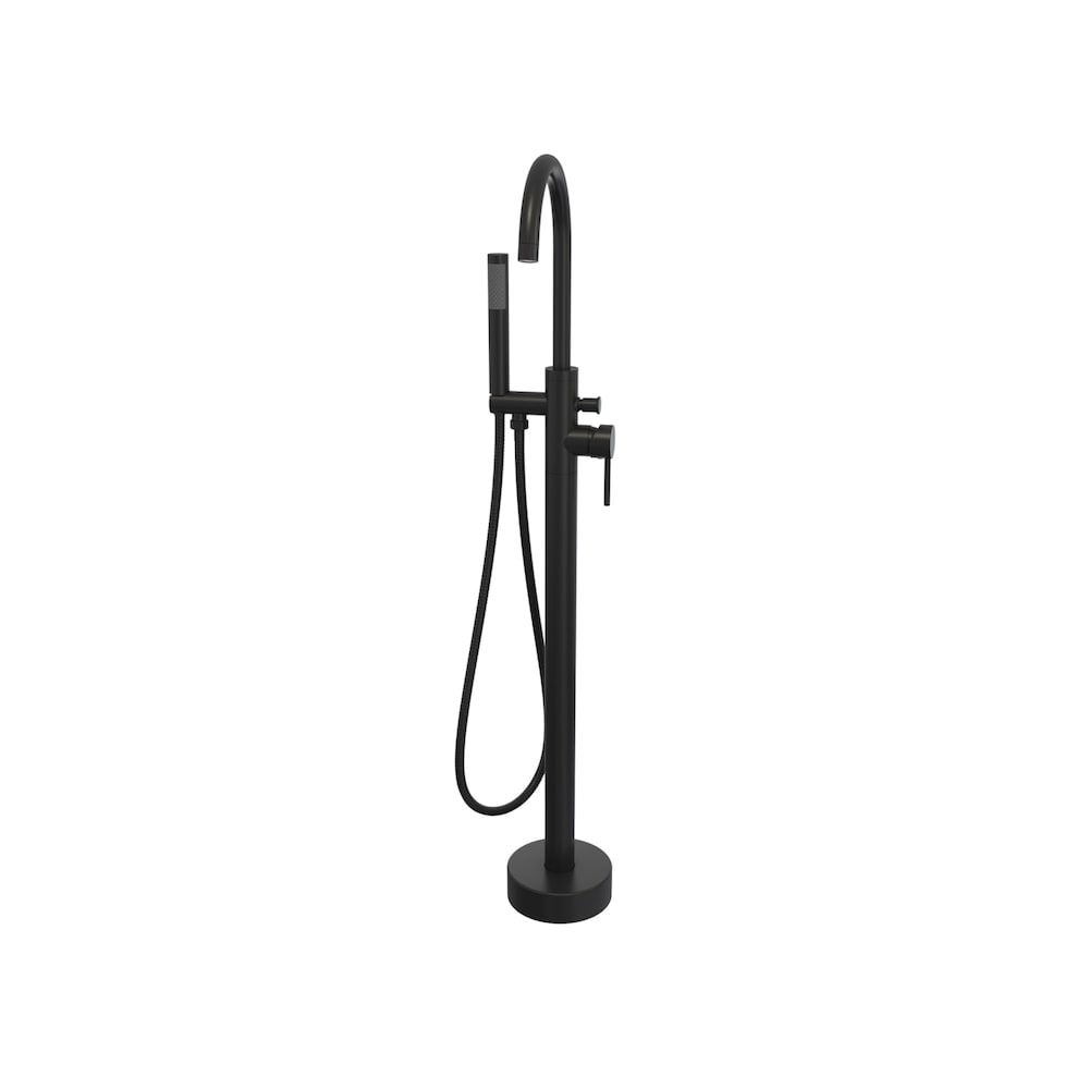 Baignoire autoportante ovale en acrylique Cariso 60 po L x 30 po l x 24 po H, 1 pièce, drain central, avec robinet de baignoire autoportante à poignée unique Linosa et pomme de douche à main en noir mat