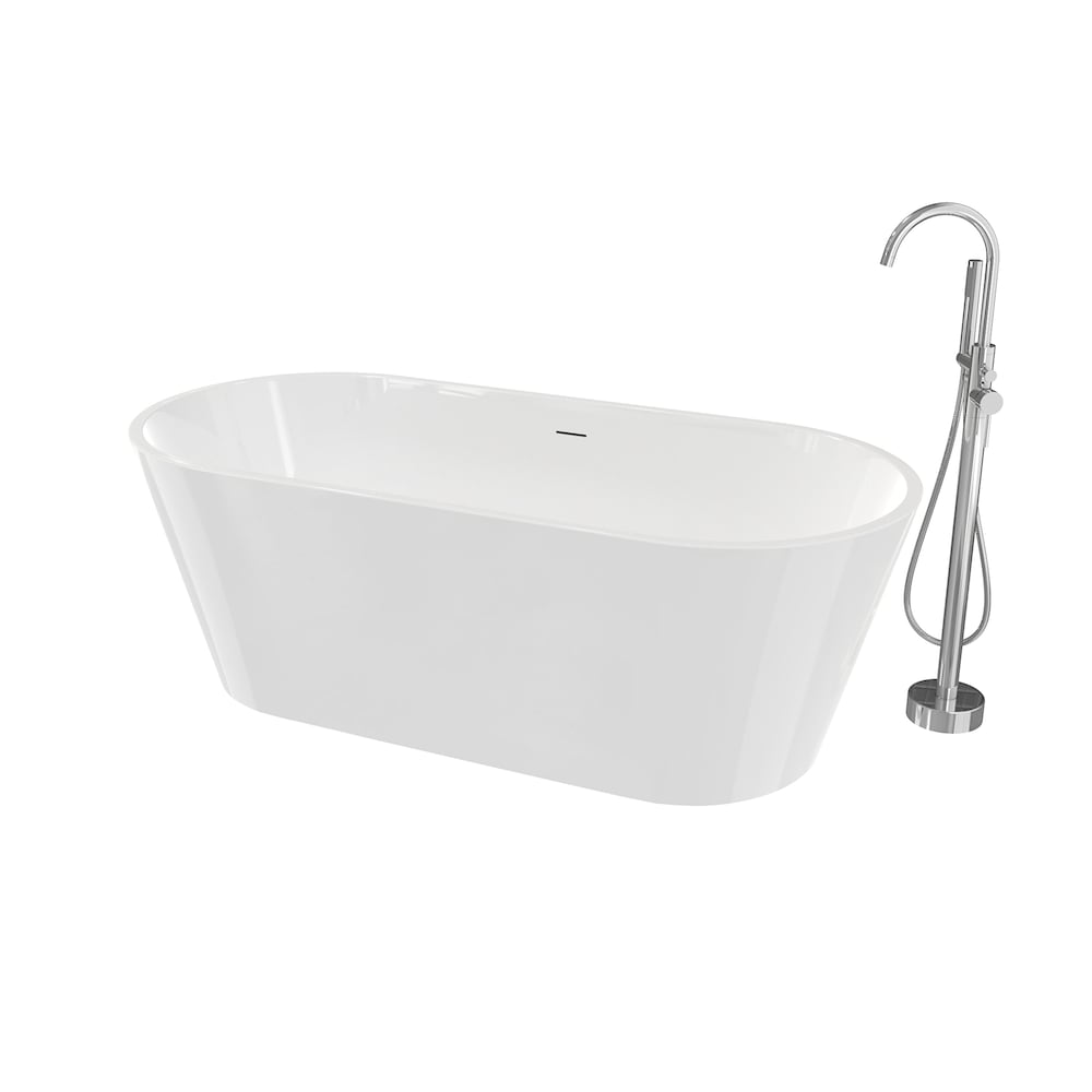 Baignoire autoportante ovale en acrylique Cariso de 67 po L x 31 po l x 23 po H, 1 pièce, drain central, avec robinet de baignoire autoportante à poignée unique Linosa et pomme de douche à main en chrome
