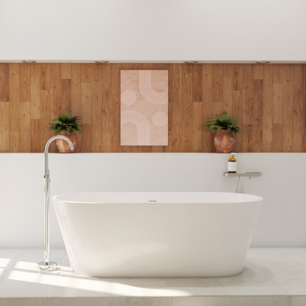 Baignoire autoportante ovale en acrylique Cariso de 67 po L x 31 po l x 23 po H, 1 pièce, drain central, avec robinet de baignoire autoportante à poignée unique Linosa et pomme de douche à main en chrome