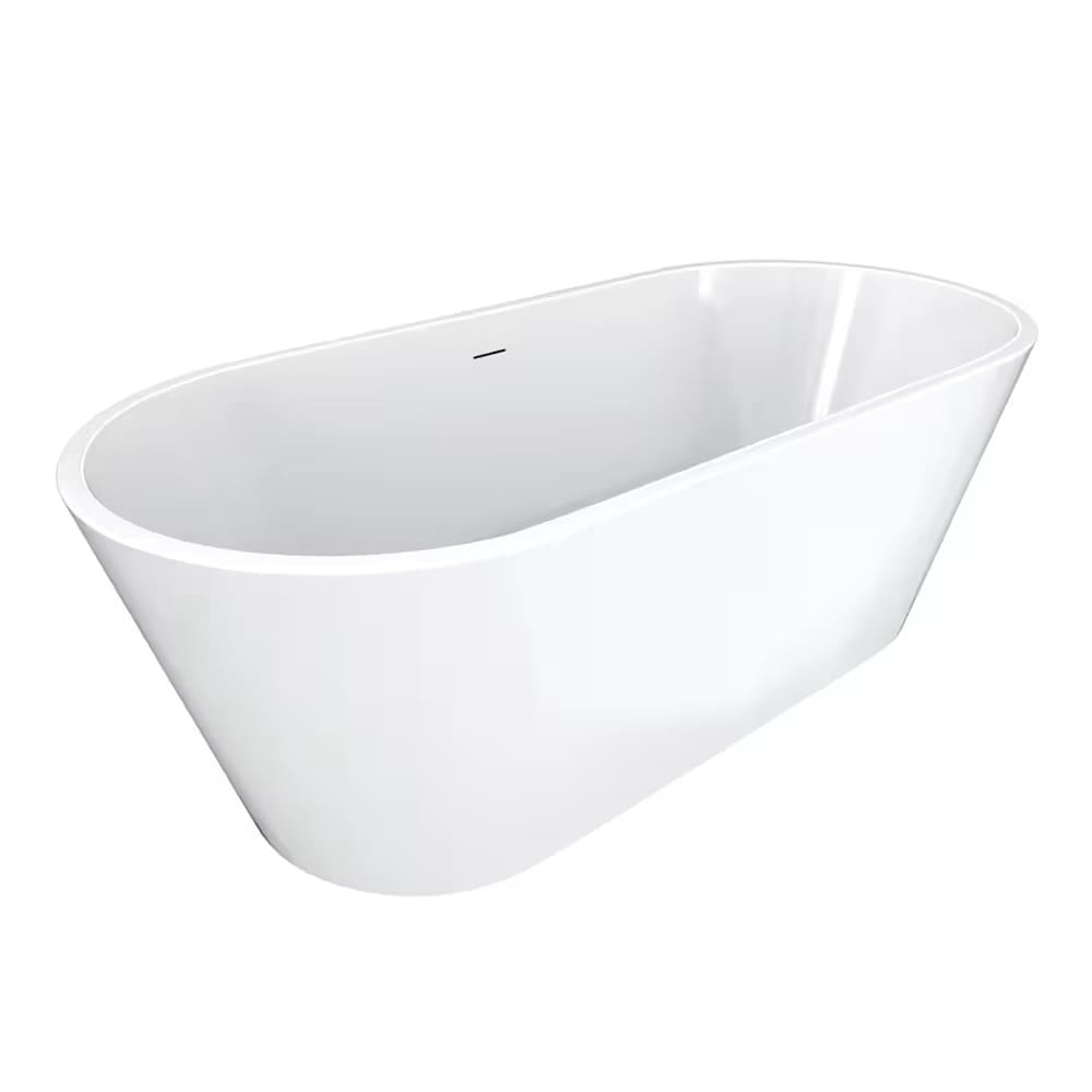 Baignoire autoportante ovale en acrylique Cariso de 67 po L x 31 po l x 23 po H, 1 pièce, drain central, avec robinet de baignoire autoportante à poignée unique Linosa et pomme de douche à main en chrome