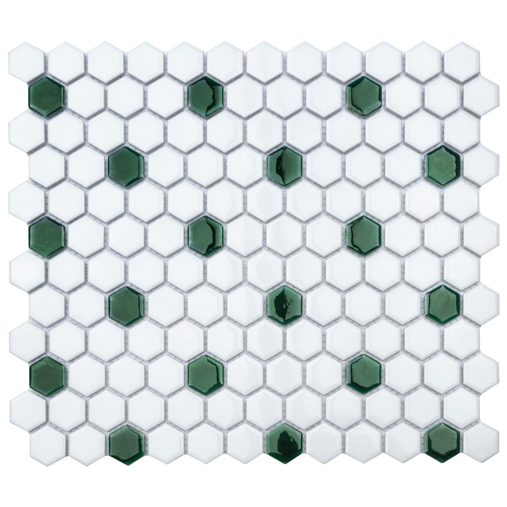 Metro Ion 1" Hex Emerald Dot w/Glossy White 10-1/4" x 11-7/8" Porc Mosaic Tile (8.6 sq. ft./Case)