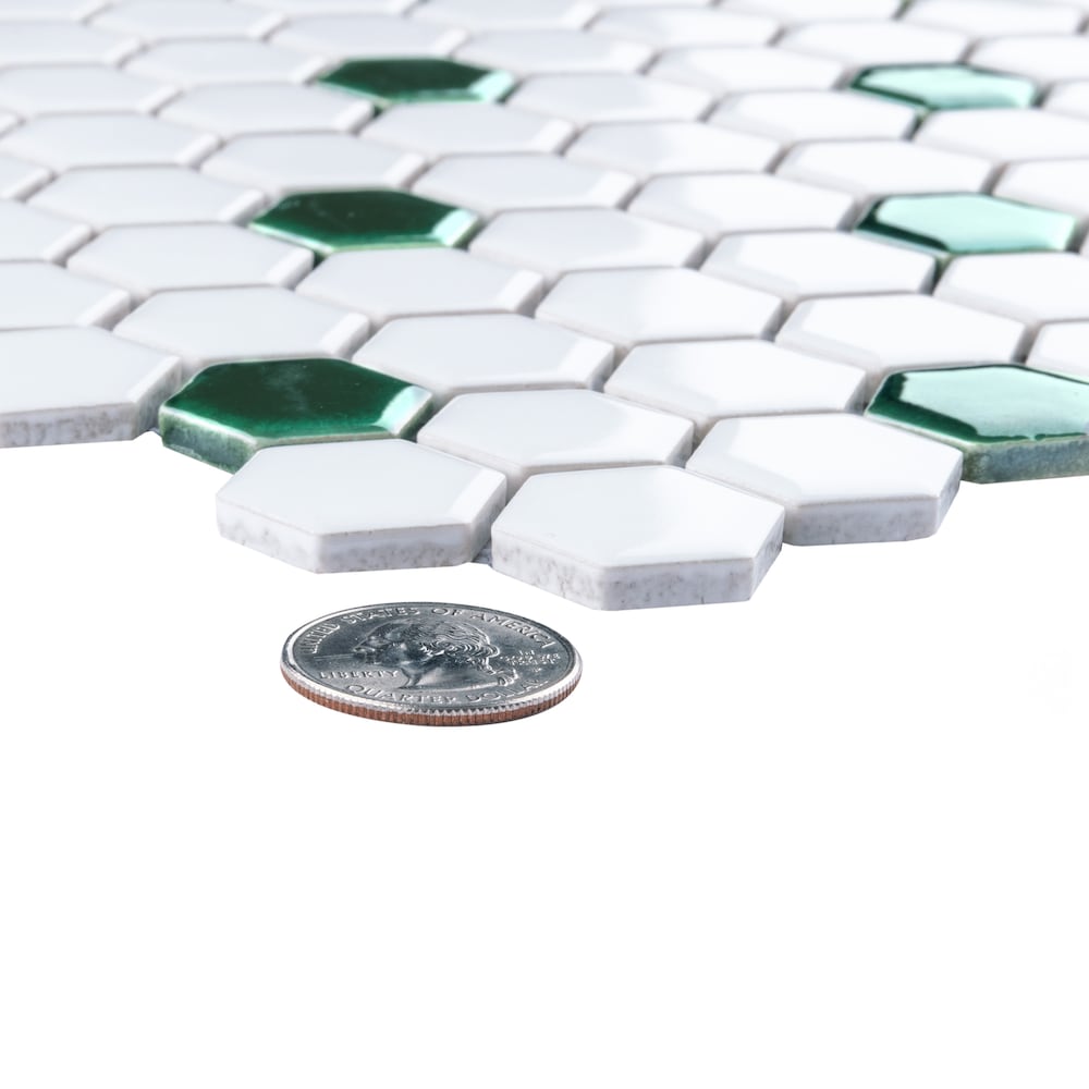 Metro Ion 1" Hex Emerald Dot w/Glossy White 10-1/4" x 11-7/8" Porc Mosaic Tile (8.6 sq. ft./Case)
