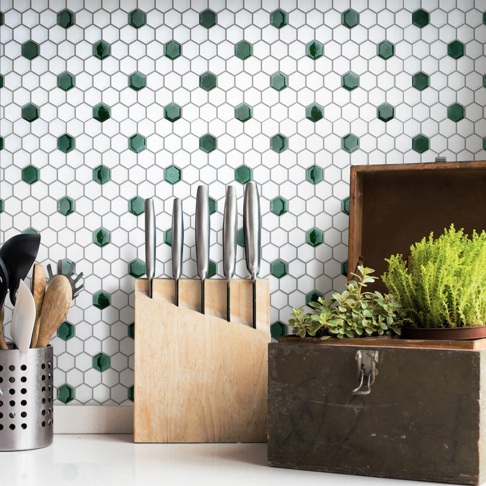 Metro Ion 1" Hex Emerald Dot w/Glossy White 10-1/4" x 11-7/8" Porc Mosaic Tile (8.6 sq. ft./Case)