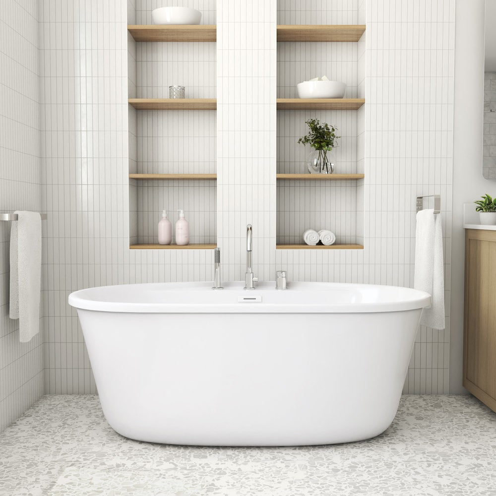 Emica 58 in. L x 32 in. W x 23 in. H 2-Piece AcrylX Oval Freestanding Bathtub, Centre Drain, with Keros Single Handle Deckmounted Bathtub Faucet & Handheld Shower Head in Chrome