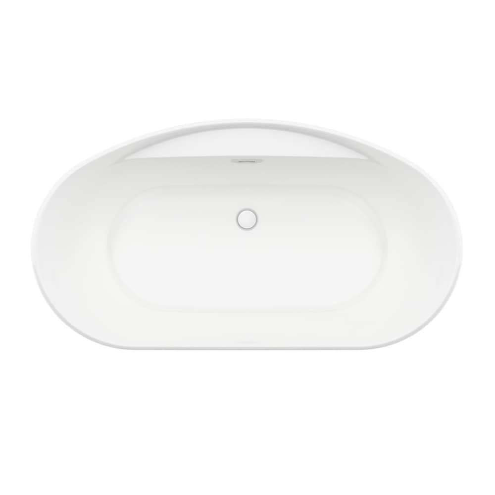 Baignoire autoportante ovale Suna 58 po L x 32 po l x 27 po H en 2 pièces AcrylX, drain central, avec robinet de baignoire à poignée unique Keros monté sur le pont et pomme de douche à main en chrome