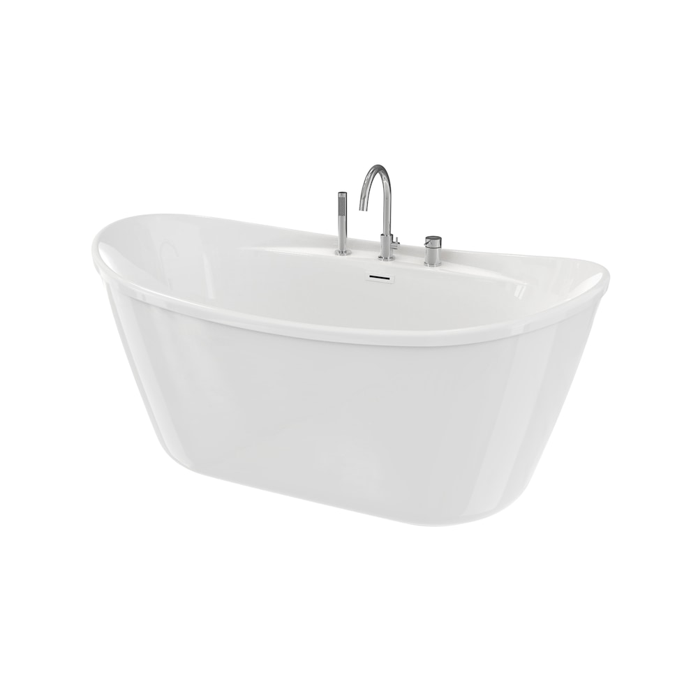 Baignoire autoportante ovale Suna 58 po L x 32 po l x 27 po H en 2 pièces AcrylX, drain central, avec robinet de baignoire à poignée unique Keros monté sur le pont et pomme de douche à main en chrome
