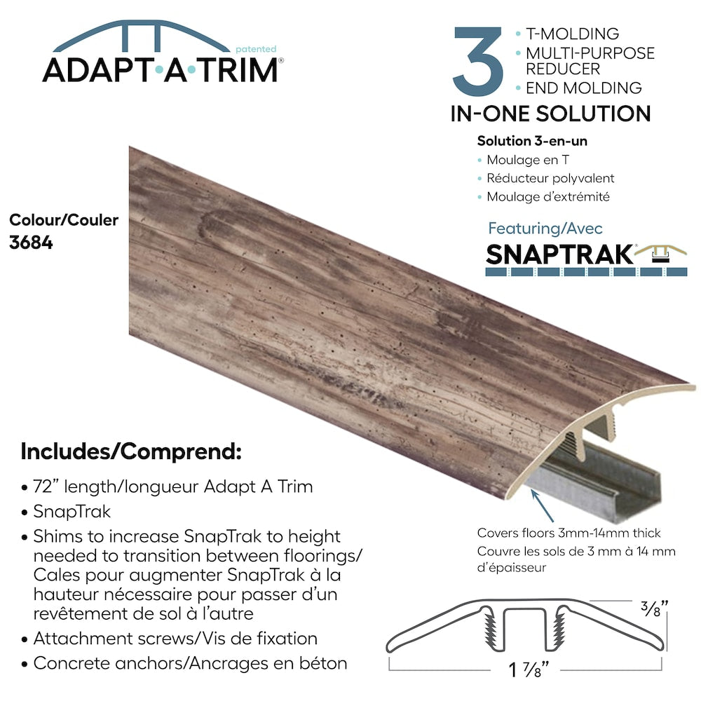 Moulure de transition et réducteur de vinyle 3 en 1 Adapt A Trim Couleur 3684 1,85 po x 0,35 po x 72 po