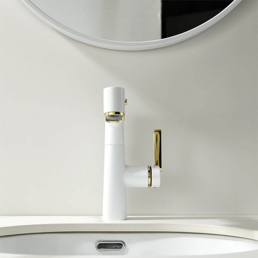 WBF5 White Single Hole Bathroom Sink Faucet with Single Handle, Pull Out Sprayer and LED Display