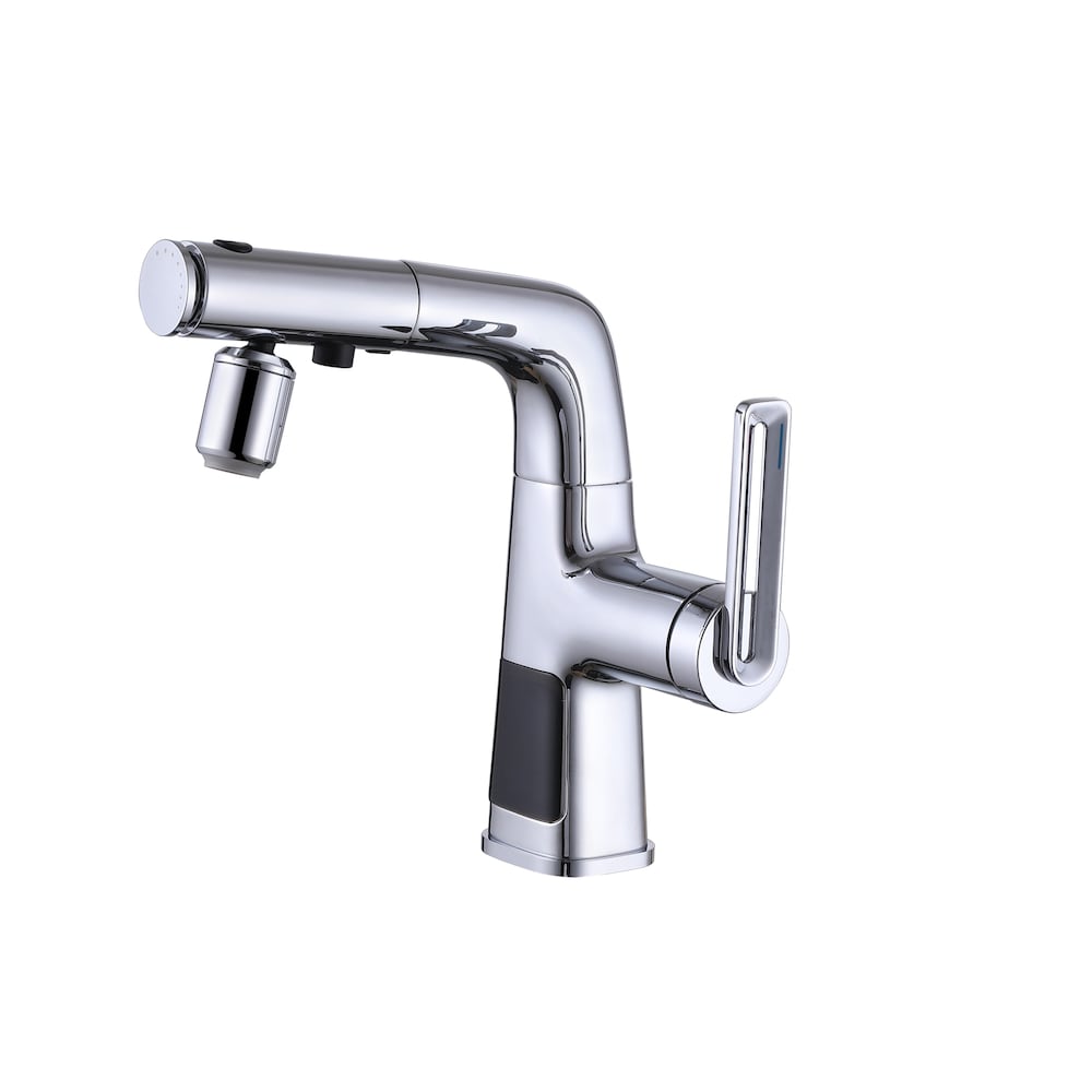WBF6 Chrome Single Hole Bathroom Sink Faucet with Single Handle, Pull Out Sprayer and LED Display