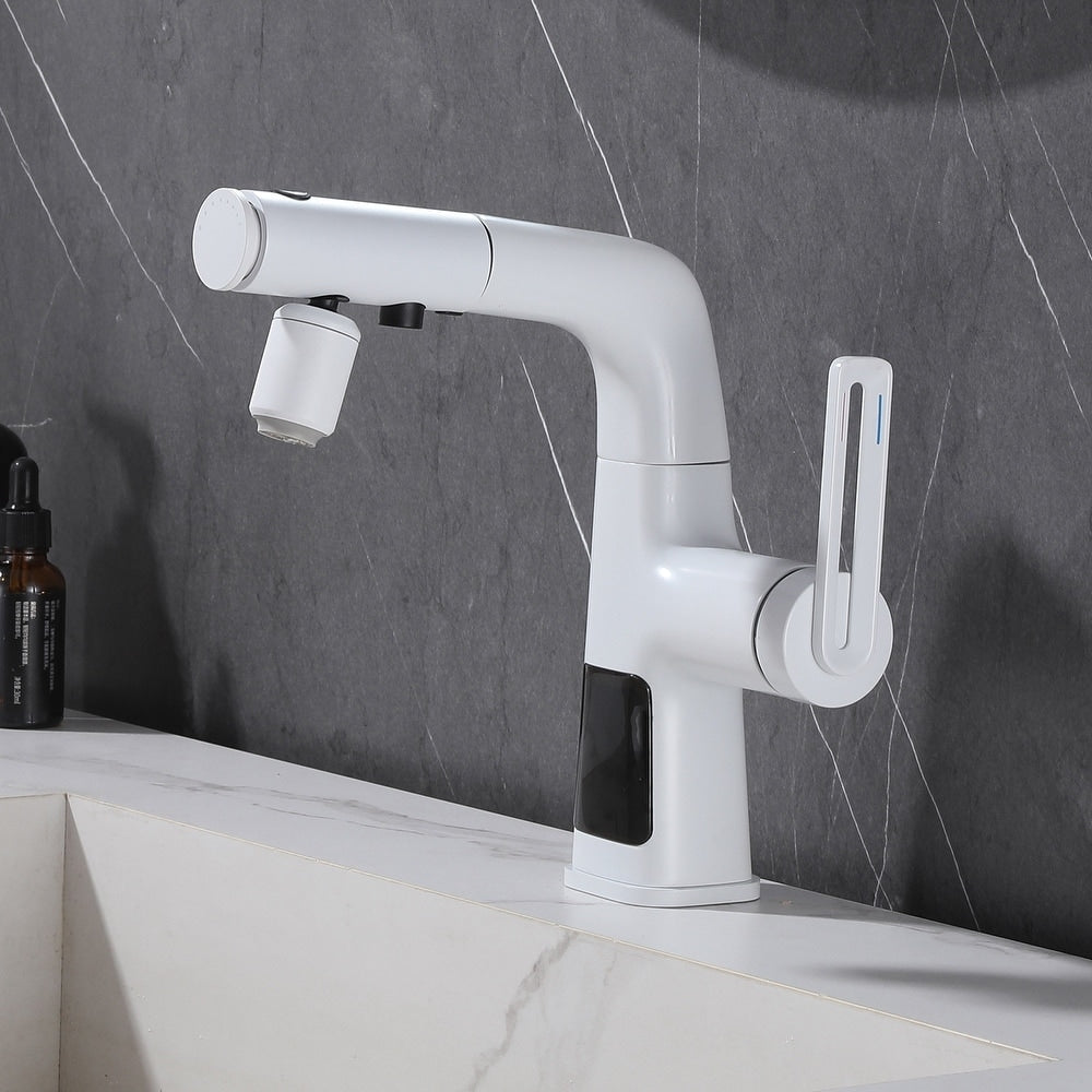 WBF6 White Single Hole Bathroom Sink Faucet with Single Handle, Pull Out Sprayer and LED Display