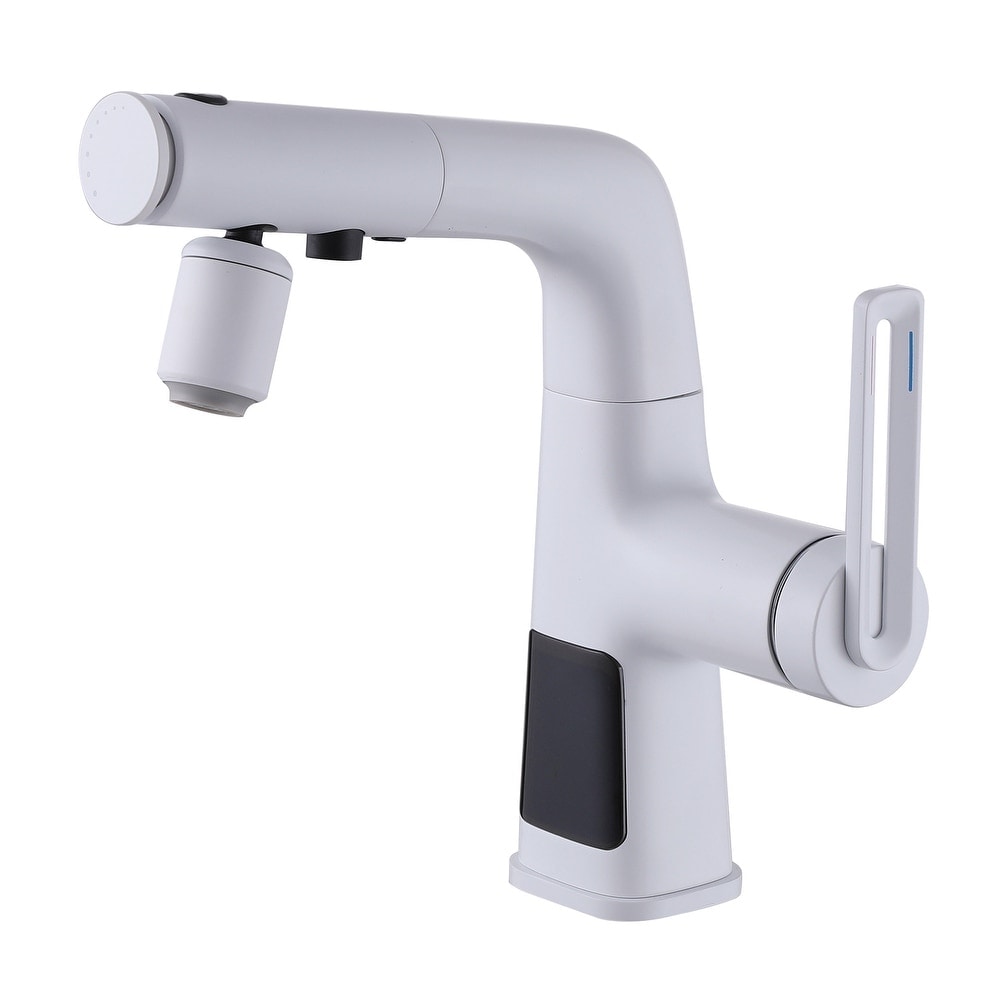 WBF6 White Single Hole Bathroom Sink Faucet with Single Handle, Pull Out Sprayer and LED Display