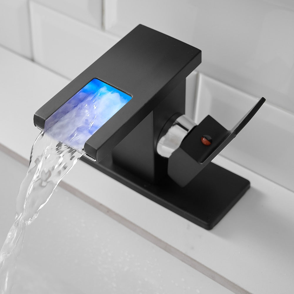 QZ10 Single Hole Bathroom Sink Faucet with LED Light in Matte Black