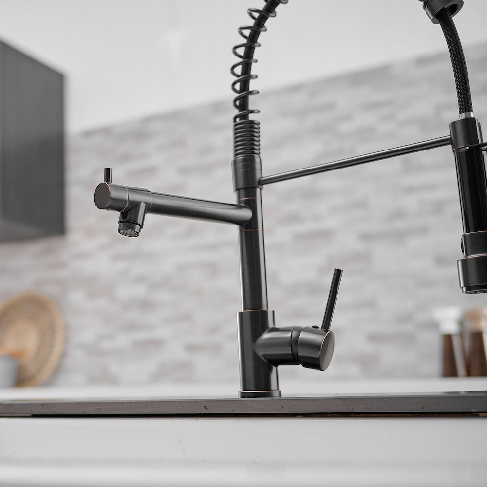 Luxe Double Handles Pull Down Sprayer Spring Kitchen Faucet in Oil Rubbed Bronze