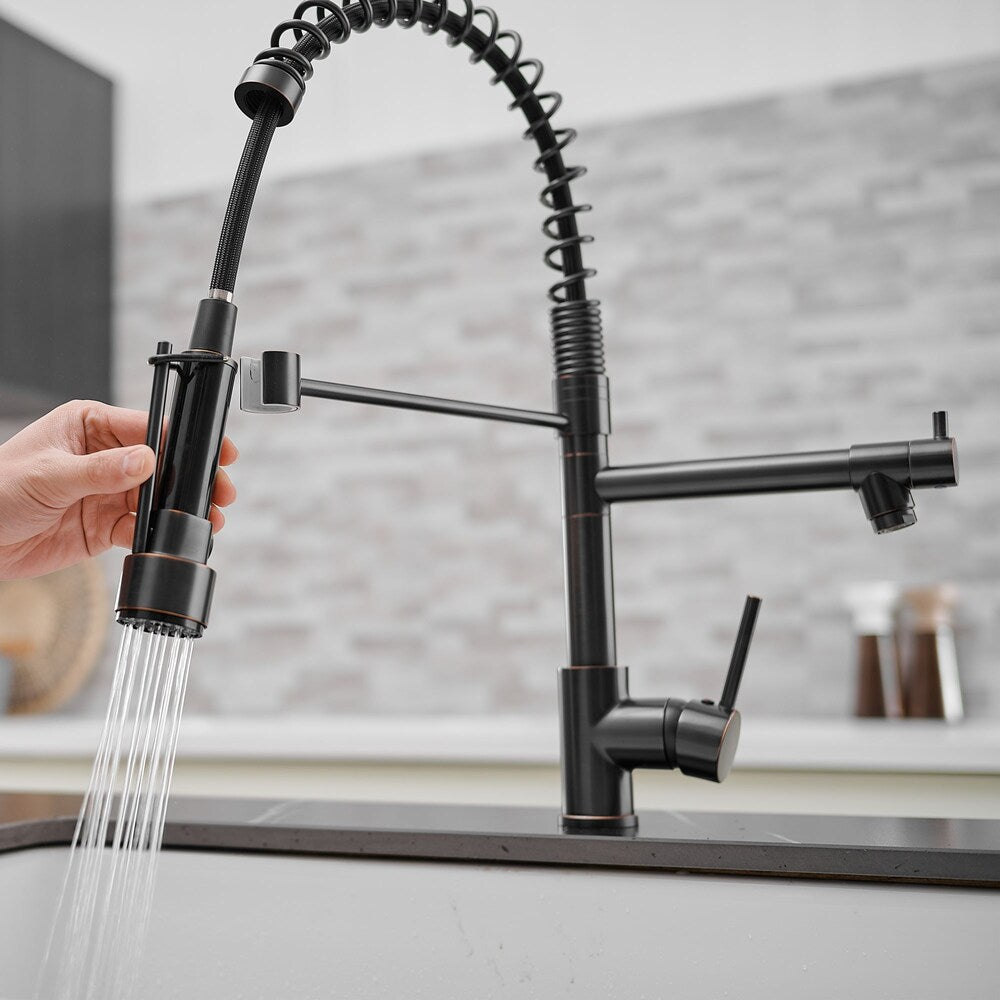 Luxe Double Handles Pull Down Sprayer Spring Kitchen Faucet in Oil Rubbed Bronze