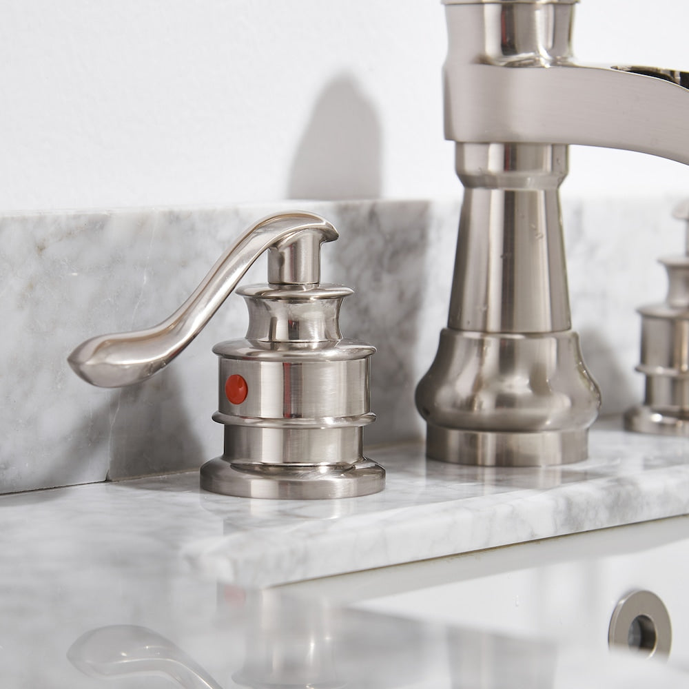 Robinet de salle de bain à 2 poignées en cascade de 8 pouces en nickel brossé céleste avec drain escamotable