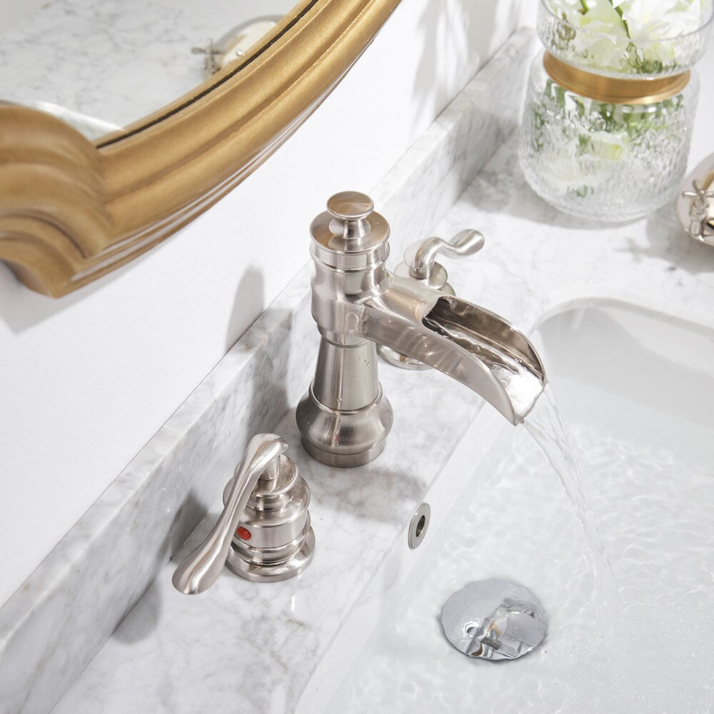 Robinet de salle de bain à 2 poignées en cascade de 8 pouces en nickel brossé céleste avec drain escamotable