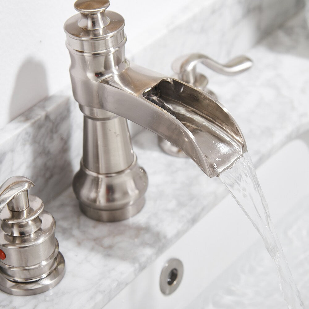Robinet de salle de bain à 2 poignées en cascade de 8 pouces en nickel brossé céleste avec drain escamotable
