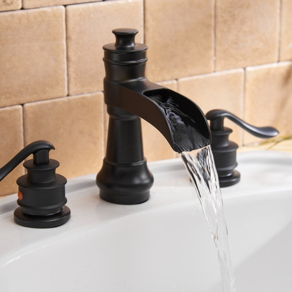 Celestial Matte Black 8 inch Waterfall 2-Handle Bathroom Faucet With Pop-up Drain