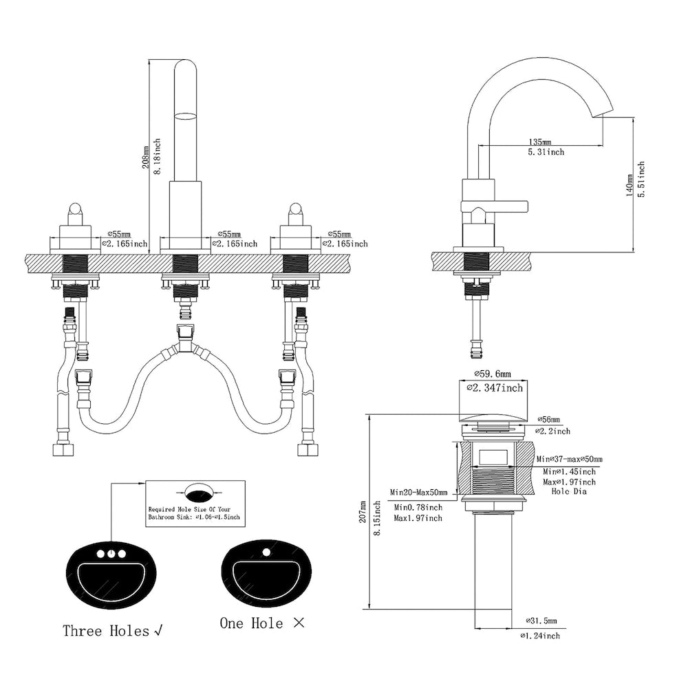 Select Black 8 inch Widespread Bathroom Faucet with Pop Up Drain