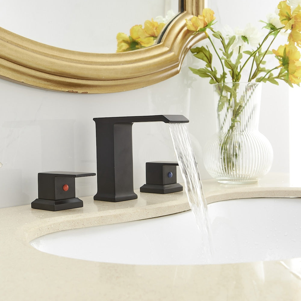 Infinity Matte Black 8 inch Waterfall Widespread 2-Handle Bathroom Faucet With Pop-up Drain