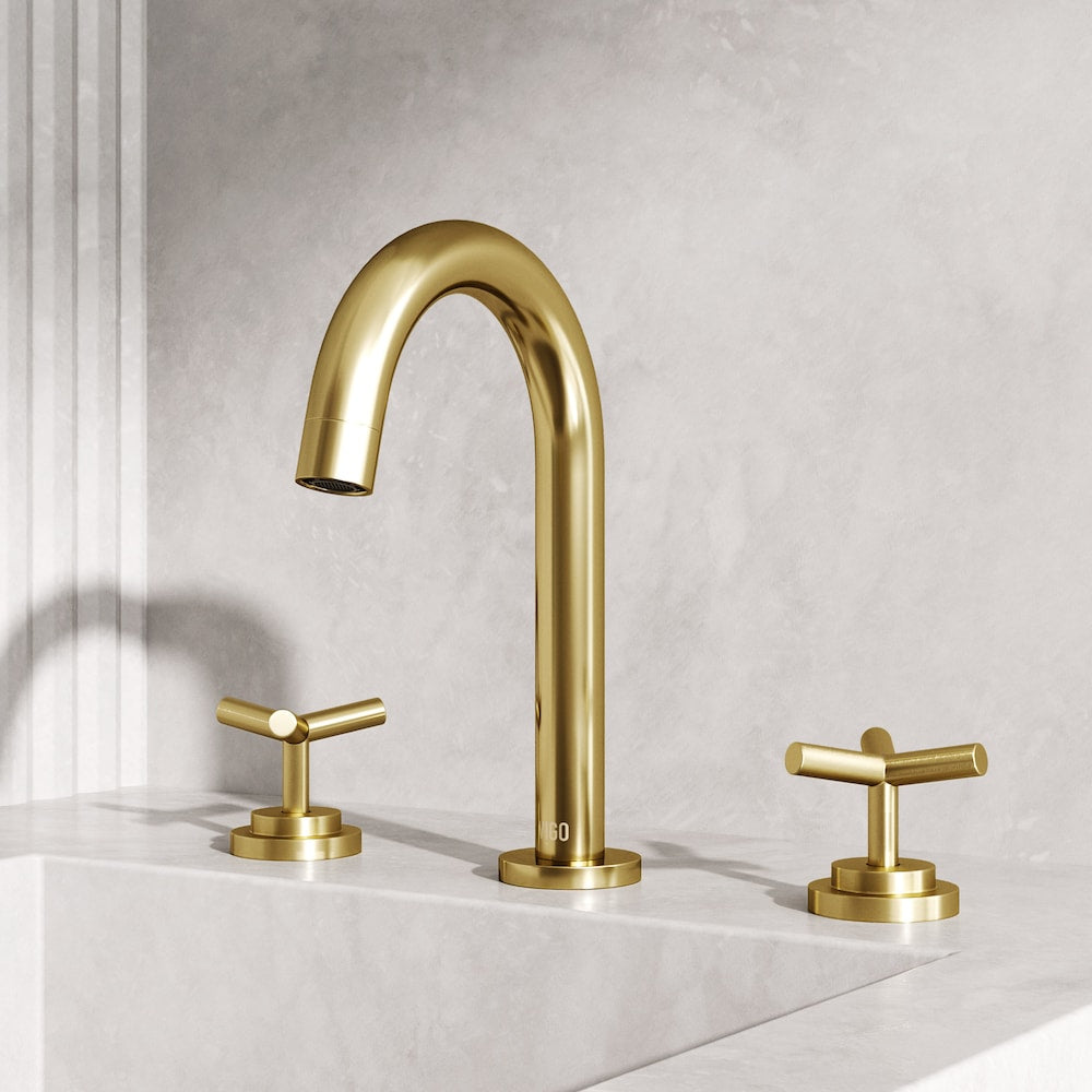 Robinet de salle de bain Jewel 9 po H à 2 poignées à arc élevé et à larges poignées en croix en or brossé mat