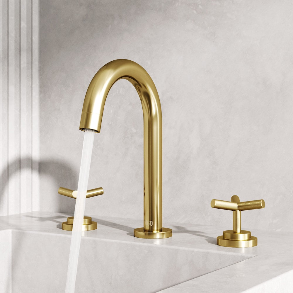 Robinet de salle de bain Jewel 9 po H à 2 poignées à arc élevé et à larges poignées en croix en or brossé mat