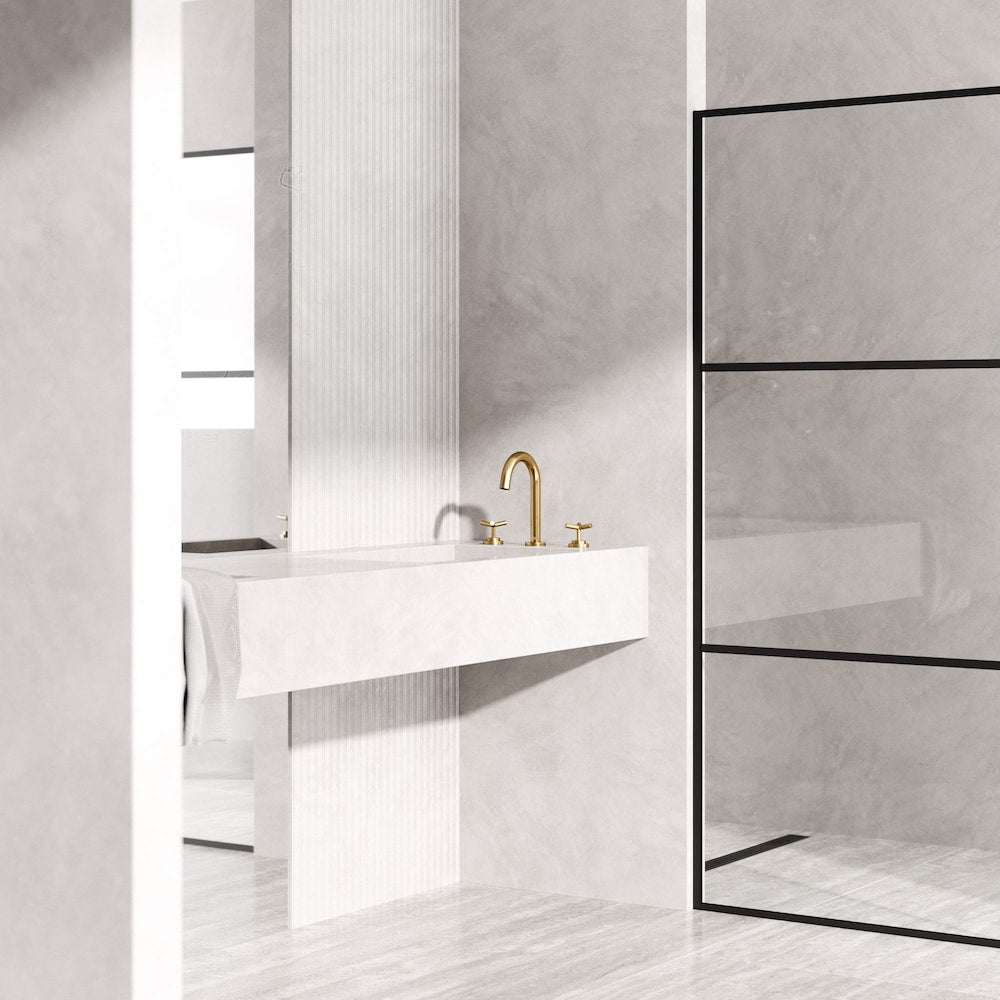 Robinet de salle de bain Jewel 9 po H à 2 poignées à arc élevé et à larges poignées en croix en or brossé mat
