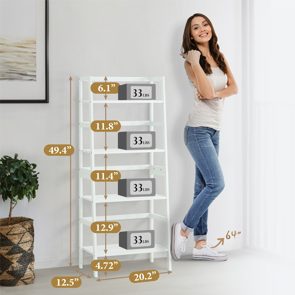 Étagère à échelle en bambou à 4 niveaux, support de rangement multifonctionnel de couleur blanche