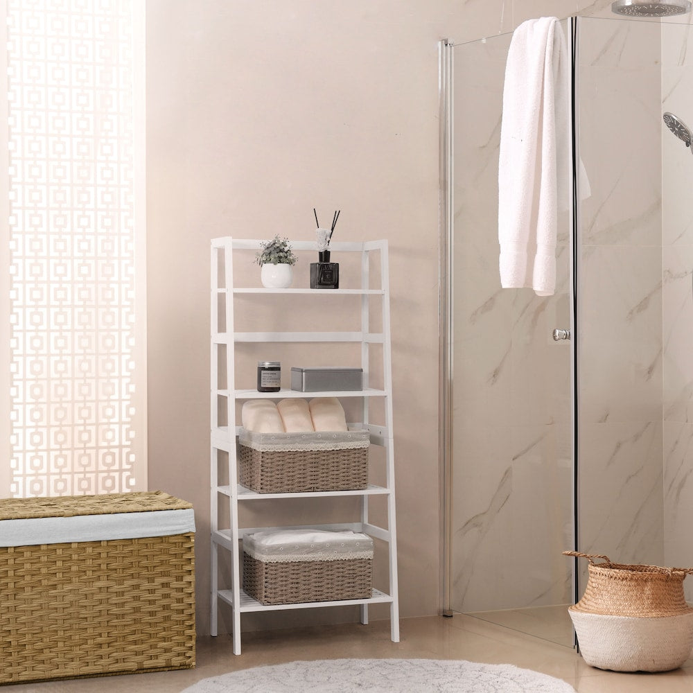 Étagère à échelle en bambou à 4 niveaux, support de rangement multifonctionnel de couleur blanche