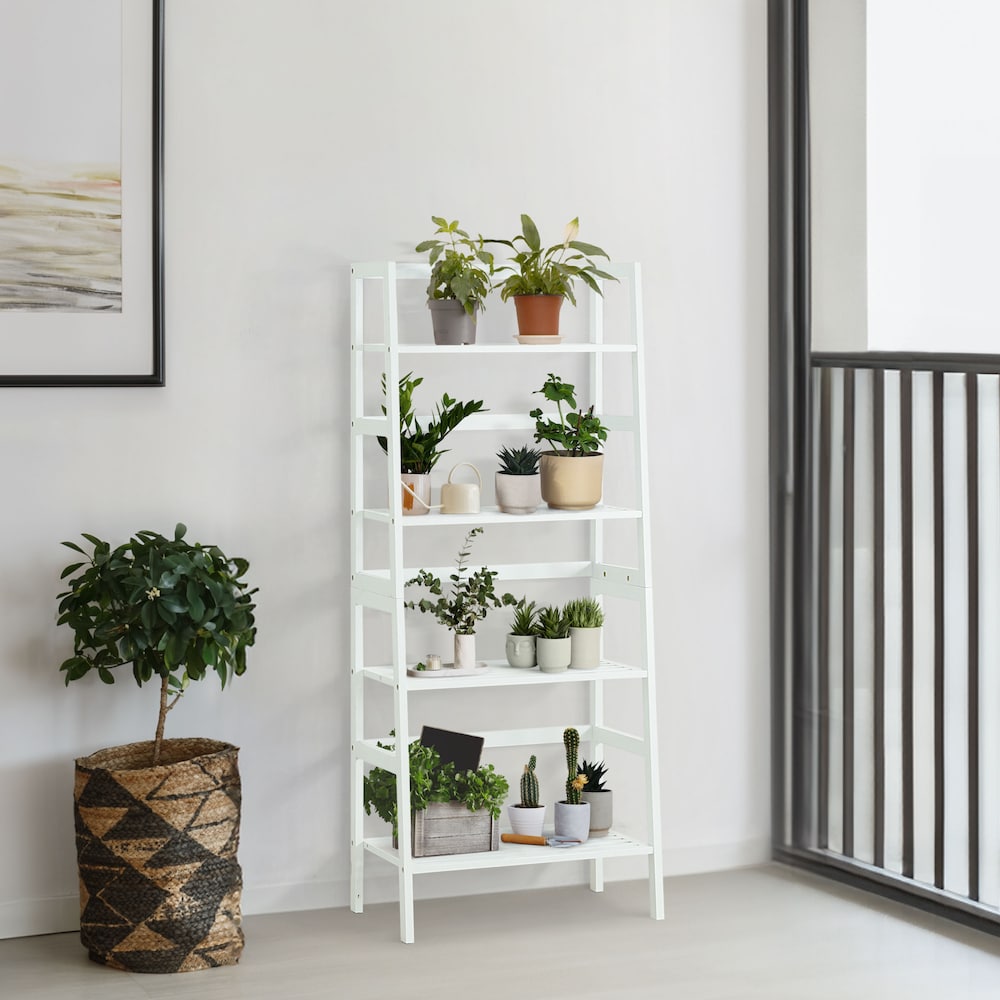 Étagère à échelle en bambou à 4 niveaux, support de rangement multifonctionnel de couleur blanche