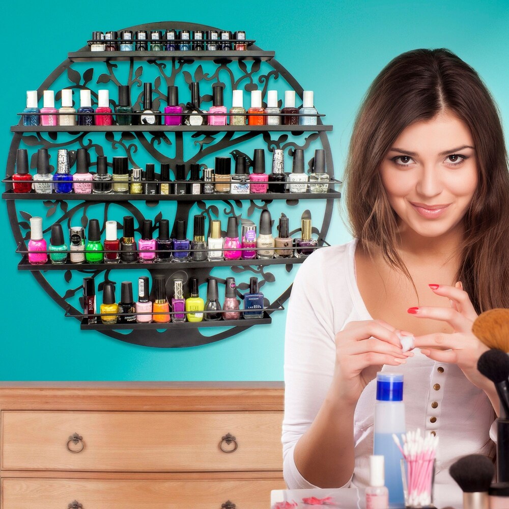 Support mural rond en métal à 5 ​​niveaux pour vernis à ongles en forme de silhouette d'arbre (noir)
