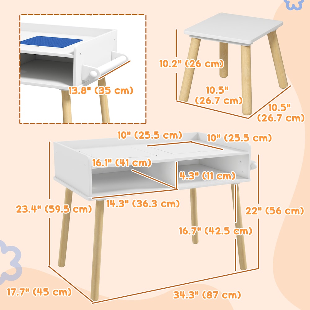 Kids Table and Chair Set, Toddler Activity Table with Building Blocks Board, Paper Roll, Storage